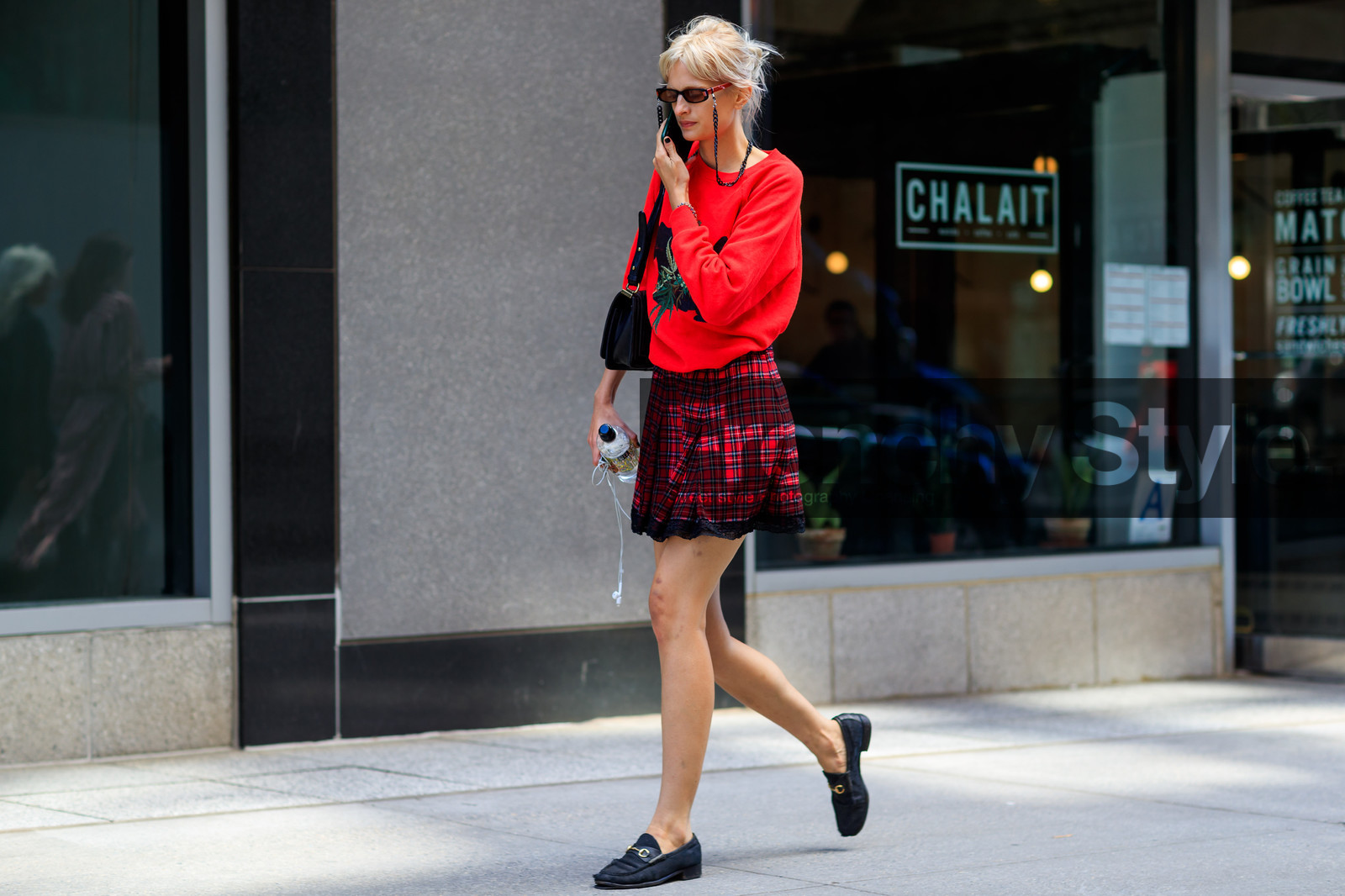 atmosphere details, black bag, black shoes, checked skirt, fashion week, frenchystyle, full length, fun sunglasses, FW, graphic skirt, gucci, horizontal, jonathan paciullo, leather bag, loafers, model, NEW YORK, NYFW, plaid, printed skirt, printed sweater, red skirt, red sweater, SPRING SUMMER 2018, SS 18, street style, sunglasses, tartan