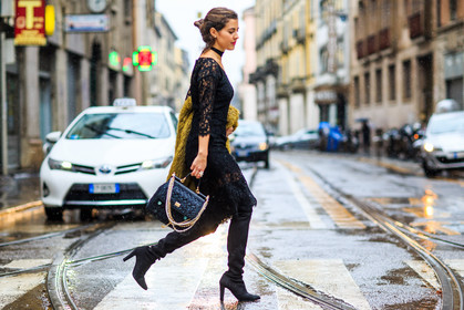 atmosphere details, AUTUMN WINTER 2016-2017, AW 16-17, black bag, black boots, black dress, black shoes, choker, dolce & gabbana, FALL WINTER 2016-2017, fashion week, frenchystyle, full length, fur jacket, FW, FW 16-17, high boots, high heels, horizontal, jonathan paciullo, lace dress, LFW, LONDON, MENSWEAR, mustard, necklace, see through, street style, suede shoes, yellow fur