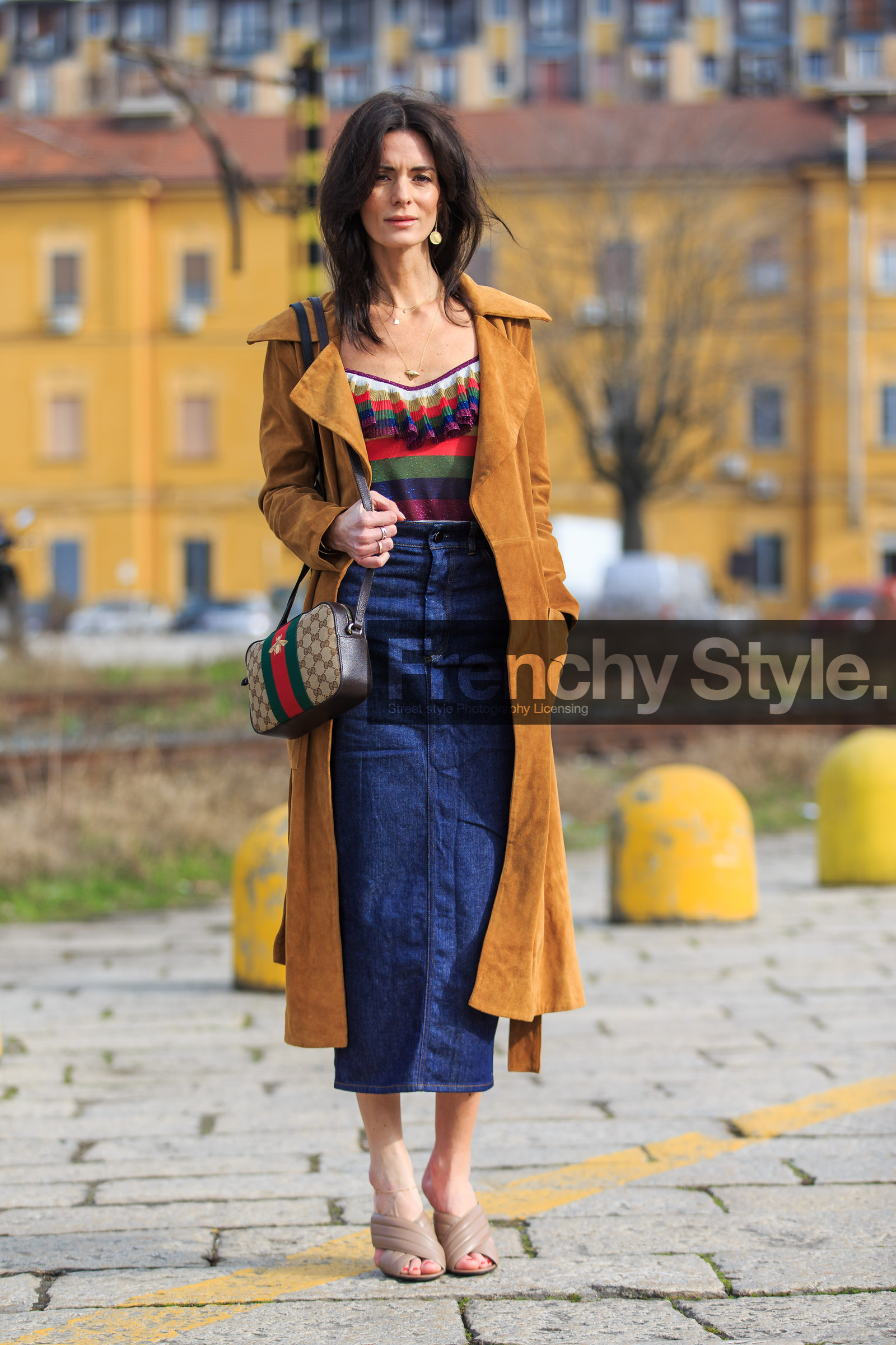 AUTUMN WINTER 2016-2017, AW 16-17, beige shoes, blue denim, brown bag, brown coat, camel coat, camel jacket, denim skirt, FALL WINTER 2016-2017, fashion week, frenchystyle, full length, FW, FW 16-17, geometric, graphic top, gucci, Hedvig Sagfjord Opshaug, high heels, jonathan paciullo, leather shoes, LFW, LONDON, long hair, long skirt, MENSWEAR, monogram, mules, nude sandals, printed bag, street style, striped top, stripes, suede jacket, vertical