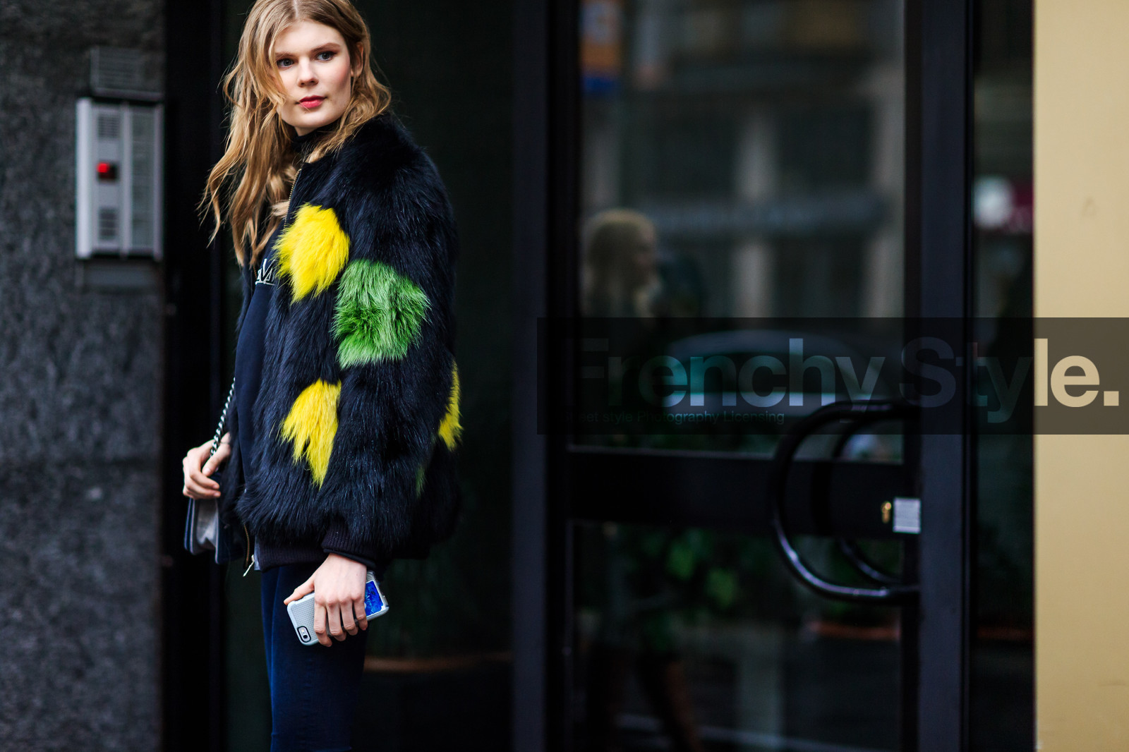 alexandra elisabeth Ljadov, Alexandra Elizabeth Ljadov, atmosphere details, AUTUMN WINTER 2016-2017, AW 16-17, black fur, black jacket, black sweater, blue denim, boy bag, chanel, denim pants, detail, FALL WINTER 2016-2017, fashion week, frenchystyle, fur jacket, FW, FW 16-17, green fur, grey bag, horizontal, jeans, jonathan paciullo, LFW, LONDON, MENSWEAR, model, printed sweater, sportmax, street style, suede bag, trousers, yellow fur
