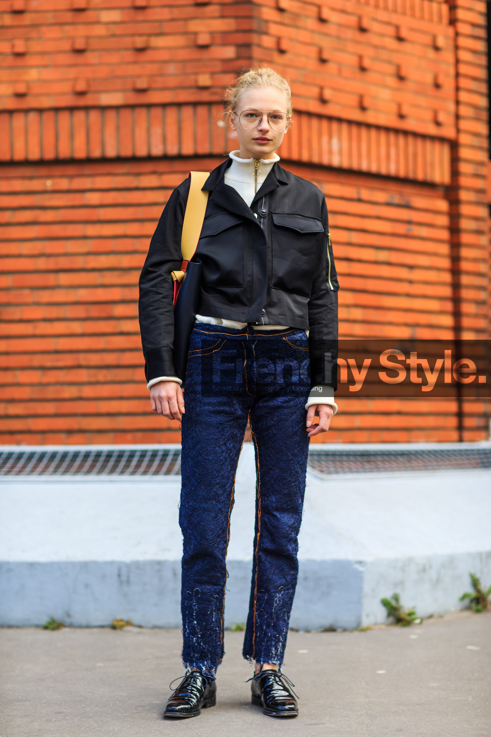 AUTUMN WINTER 2016-2017, AW 16-17, black jacket, black loafers, blue denim, denim pants, FALL WINTER 2016-2017, fashion week, Frederikke Sofie Falbe-Hansen, fredrerikke sofie falbe hansen, frenchystyle, full length, FW, FW 16-17, jeans, jonathan paciullo, leather bag, leather shoes, loafers, model, PARIS, PFW, red, red bag, ripped pants, street style, trousers, varnished leather shoes, vertical, white sweater, yellow