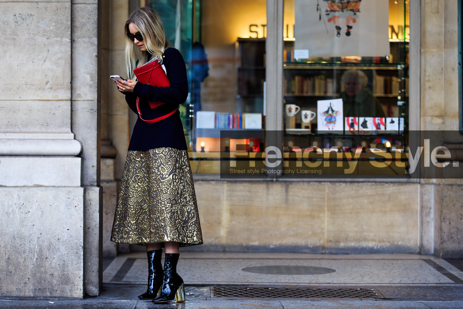 atmosphere details, AUTUMN WINTER 2016-2017, AW 16-17, black boots, brocard, Charlotte Groeneveld, christian dior, embroidered skirt, FALL WINTER 2016-2017, fashion week, frenchystyle, full length, FW, FW 16-17, golden skirt, high heels, horizontal, jonathan paciullo, leather bag, leather boots, navy sweater, PARIS, PFW, red bag, street style, sunglasses, varnished leather shoes, vinyl