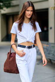 black belt, brown bag, fashion week, frenchystyle, full length, FW, jeans, jonathan paciullo, leather bag, long hair, model, natural, NEW YORK, NYFW, skincare, SPRING SUMMER 2018, SS 18, street style, trousers, vertical, white denim, white t shirt