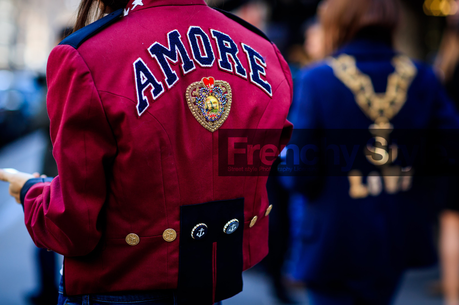 atmosphere details, AUTUMN WINTER 2017-2018, AW 17-18, back detail, blazer, blue denim, chiara totire, denim pants, detail, FALL WINTER 2017-2018, fashion week, frenchystyle, FW, FW 17-18, graphic jacket, horizontal, jeans, jonathan paciullo, message, MFW, MILAN, navy jacket, printed jacket, red jacket, street style, trousers