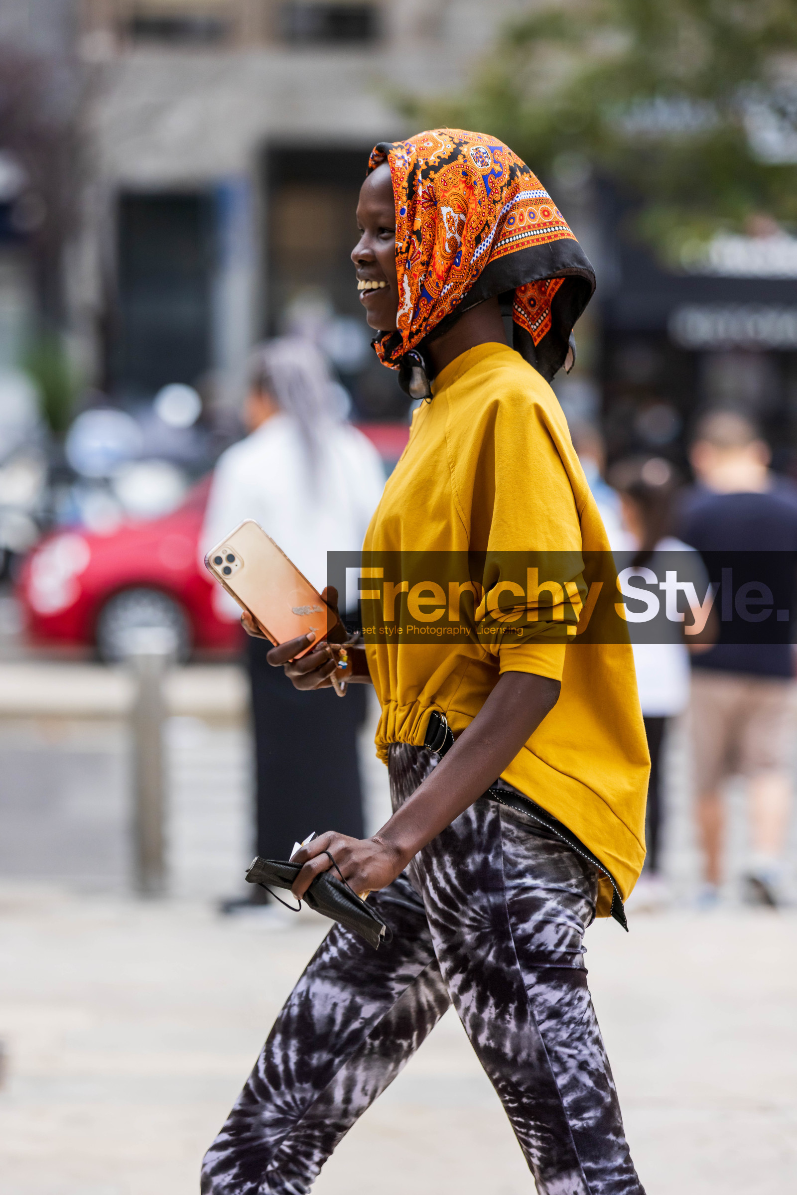 black pants, color, facial mask, head scarf, orange scarf, pants, print, printed pants, printed scarf, scarf, tie and dye, top, yellow top, tie and dye pants, fashion week, frenchystyle, FW, jonathan paciullo, street style, SPRING SUMMER 2022, SS 22, MFW, MILAN, vertical, atmosphere details