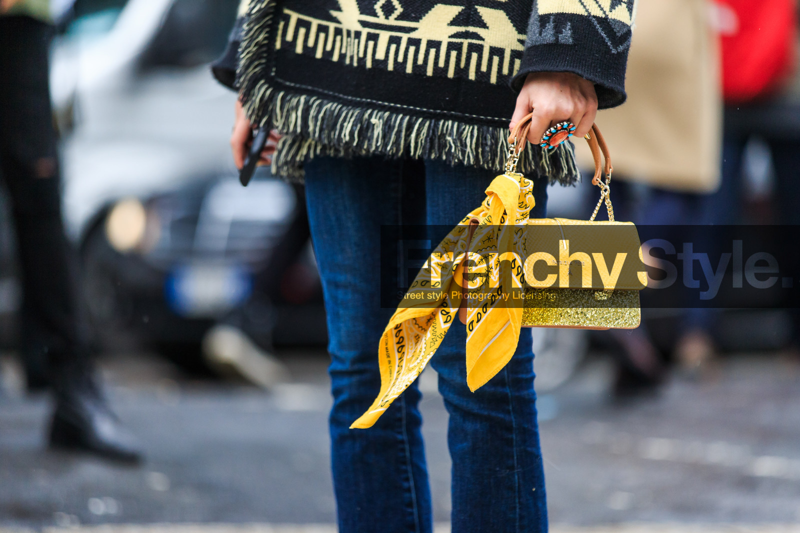 atmosphere details, AUTUMN WINTER 2016-2017, AW 16-17, black jacket, blue denim, carlotta oddi, denim pants, detail, FALL WINTER 2016-2017, fashion week, frenchystyle, FW, FW 16-17, glitter, golden bag, graphic jacket, horizontal, jeans, jonathan paciullo, leather bag, LFW, LONDON, MENSWEAR, patrizia pepe, peruvian, printed jacket, shiny bag, street style, trousers, yellow bandana