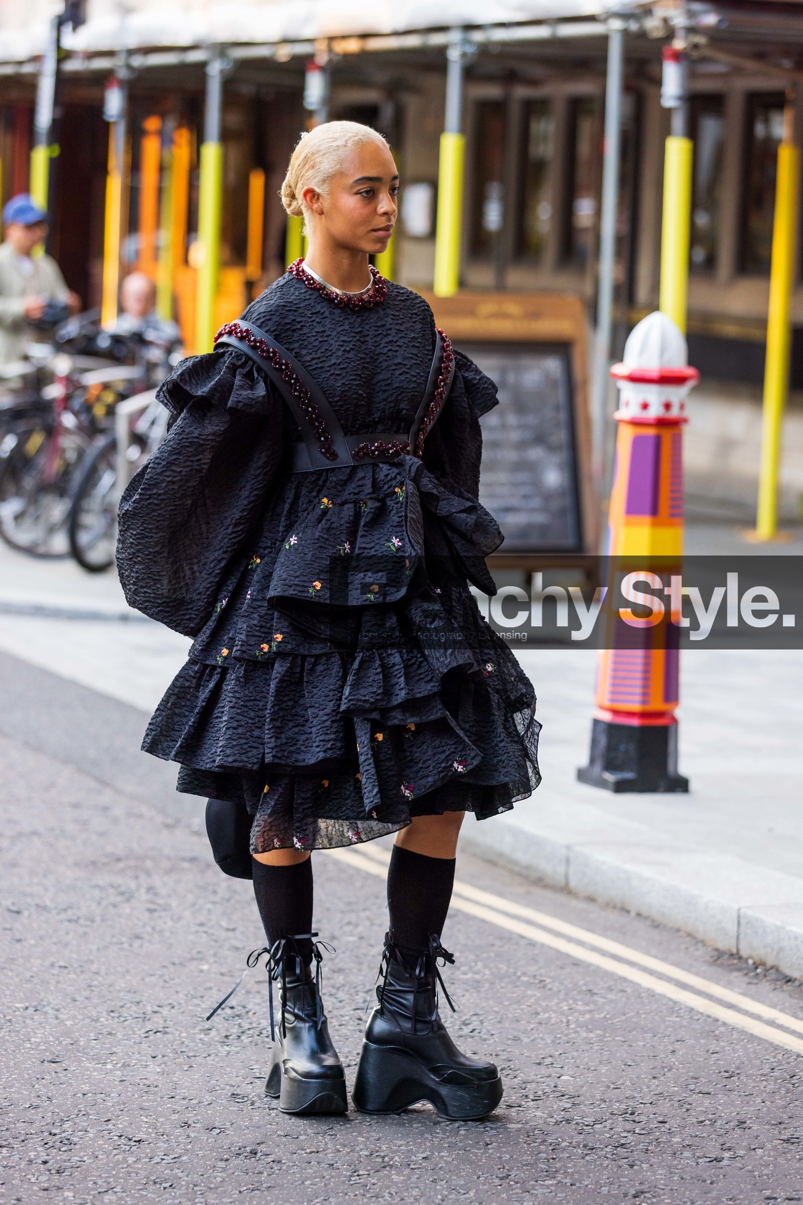 Kelsey Lu, ruffles, black, flared dress, flower dress, flower print, flowered dress, flowers, midi dress, boots, simone rocha, fashion week, frenchystyle, FW, jonathan paciullo, street style, SS 22, SPRING SUMMER 2022, LFW, LONDON, vertical, full length