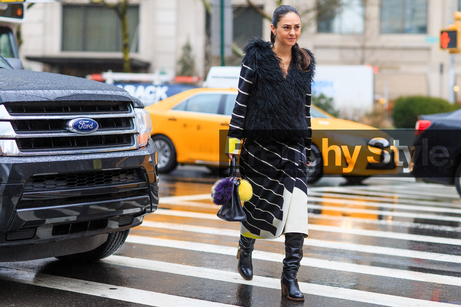 atmosphere details, AUTUMN WINTER 2016-2017, AW 16-17, black bag, black boots, black dress, black fur, black jacket, fashion week, frenchystyle, full length, fun bag, fur bag, fur jacket, FW, FW 16-17, geometric, graphic, graphic dress, high boots, high heels, horizontal, jonathan paciullo, knit dress, leather bag, leather boots, long dress, NEW YORK, NYFW, street style, striped dress, stripes, woman