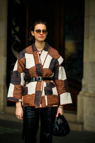 black belt, black sunglasses, patched jacket, multicolor jacket, brown toned jacket, black pants, leather pants, black handbag, leather hadnbag, silver necklace, street style, jonathan paciullo, FW, frenchystyle, fashion week, AUTUMN WINTER 2022-2023, FALL WINTER 2022_2023, FW 22-23, PFW, PARIS, vertical, detail