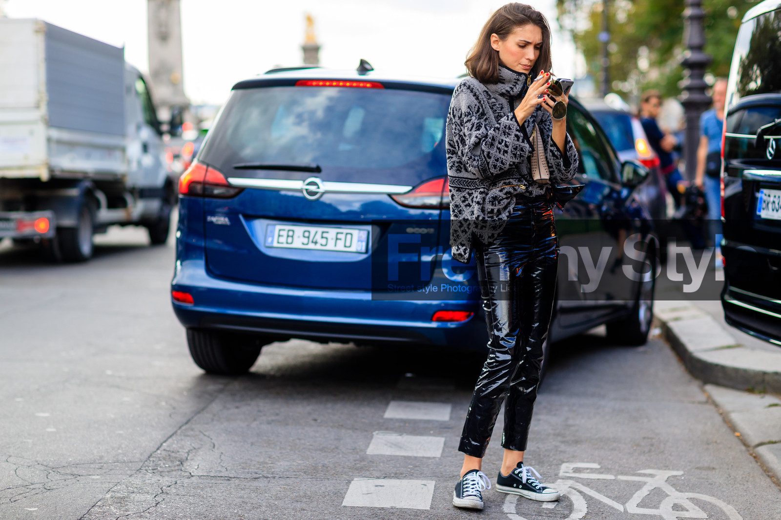 atmosphere details, beige bag, black pants, black sneakers, converse, diletta bonaiuti, fashion week, frenchystyle, full length, FW, grey sweater, horizontal, jonathan paciullo, leather bag, leather pants, leather shoes, PARIS, PFW, printed sweater, SPRING SUMMER 2017, SS 17, street style, studded bag, trousers, turtleneck sweater, varnished leather