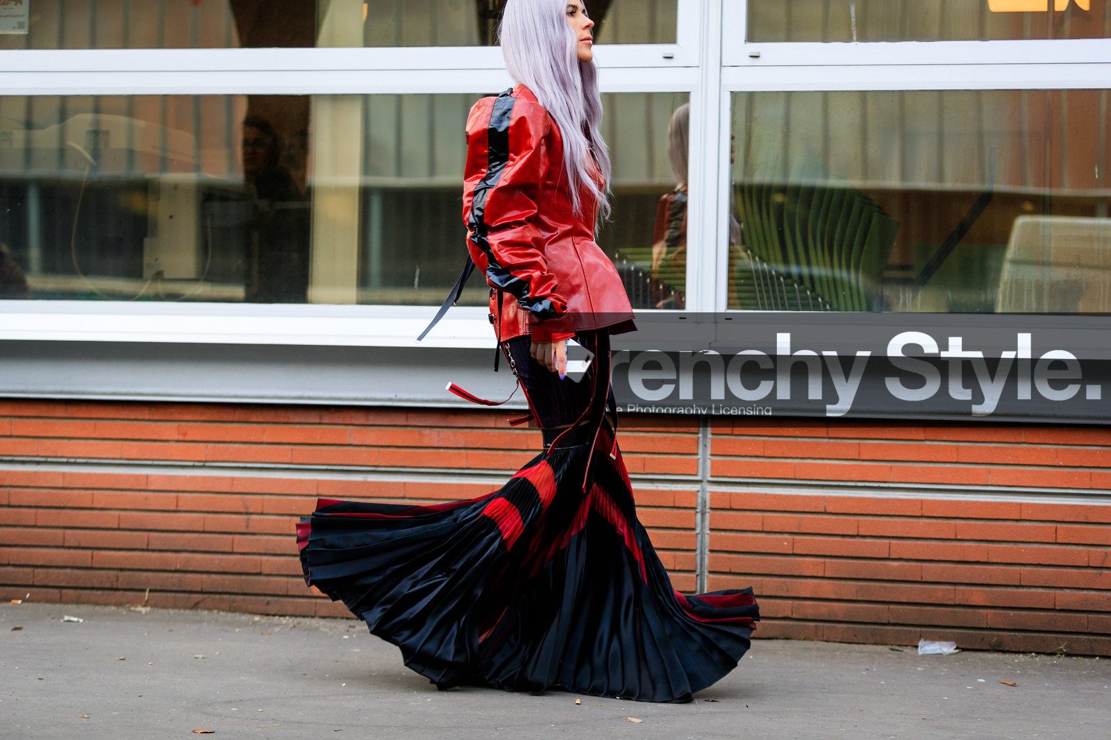 black skirt, dyed hair, graphic jacket, graphic skirt, leather jacket, pleated skirt, printed jacket, printed skirt, red jacket, fashion week, frenchystyle, FW, jonathan paciullo, street style, PFW, PARIS, AUTUMN WINTER 2018-2019, FALL WINTER 2018-2019, FW 18-19, horizontal, atmosphere details