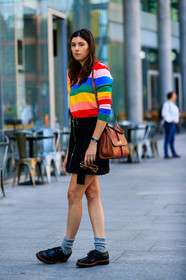 multicolor pull over, black skirt, yellow sunglasses, brown leather bag, shoulder bag, striped leather bag, hermes watch, strassed ring, diamond ring, zipped skirt, mottled grey socks, wool socks, paraboot shoes, black leather shoes, flat shoes, laced shoes, fashion week, frenchystyle, FW, jonathan paciullo, street style, vertical, full length