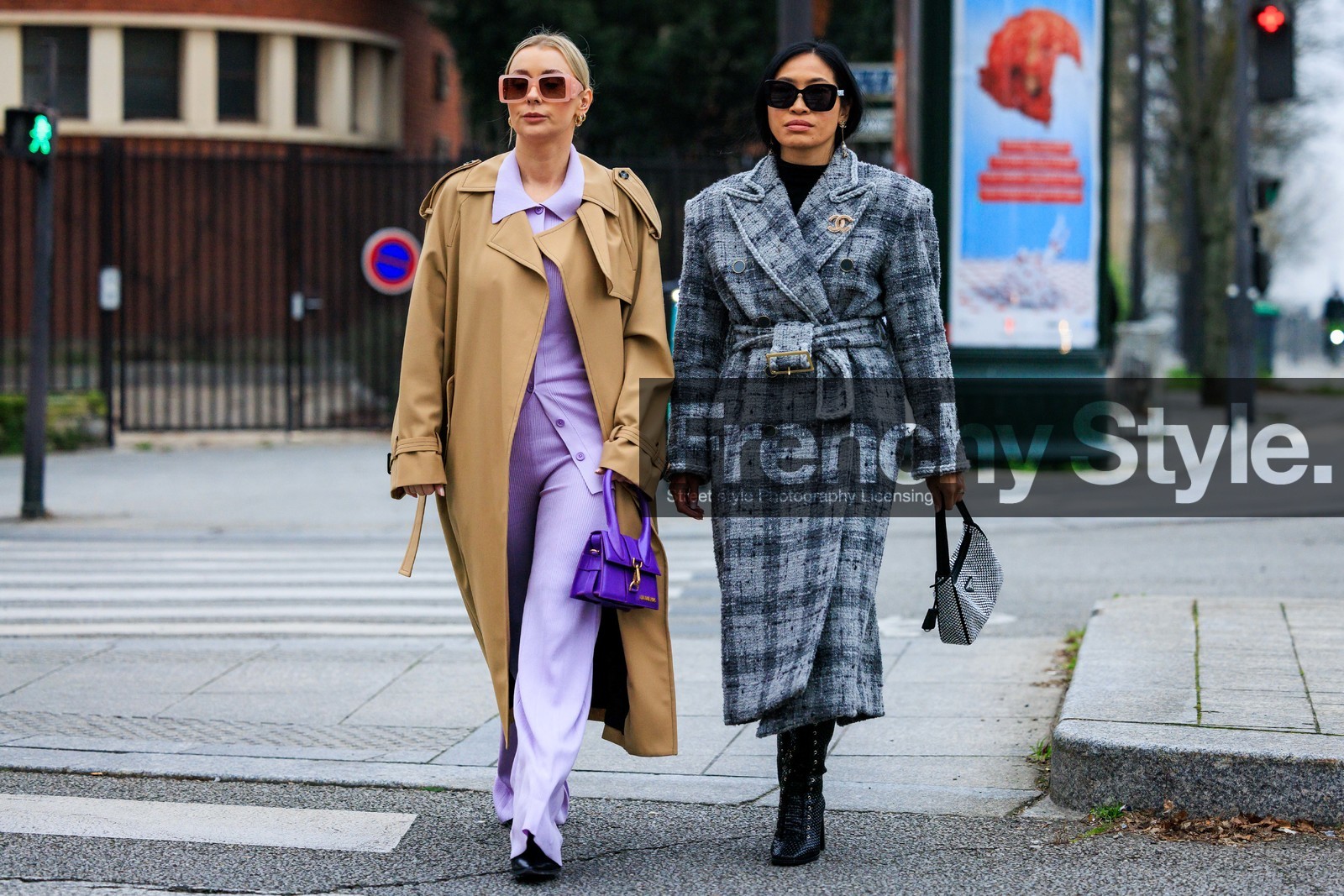 chanel brooch, pink sunglasses, purple shirt, purple pants, purple bag, jacquemus bag, beige trench, classic trench, black sunglasses, paid coat, grey coat, black boots, studded bag, prada bag, shiny bag, fashion week, frenchystyle, FW, jonathan paciullo, street style, PARIS, PFW, SPRING SUMMER 2022, SS 22, full length