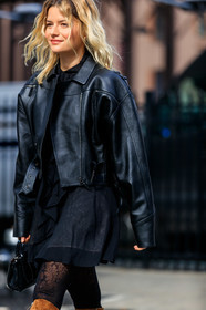 sabina socol, black leather perfecto, black dress, black tights, longchamp jacket, oversize perfecto, fashion week, frenchystyle, FW, jonathan paciullo, street style, FALL WINTER 2020-2021, AUTUMN WINTER 2020-2021, FW 20-21, vertical, atmosphere details, detail, NYFW, NEW YORK