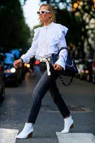 black bag, black denim, celine aagaard, céline, denim pants, fashion week, frenchystyle, full length, FW, jeans, jonathan paciullo, leather bag, leather belt, leather shoes, MFW, MILAN, ruffle, SPRING SUMMER 2017, SS 17, street style, sunglasses, trousers, vertical, white belt, white boots, white shirt