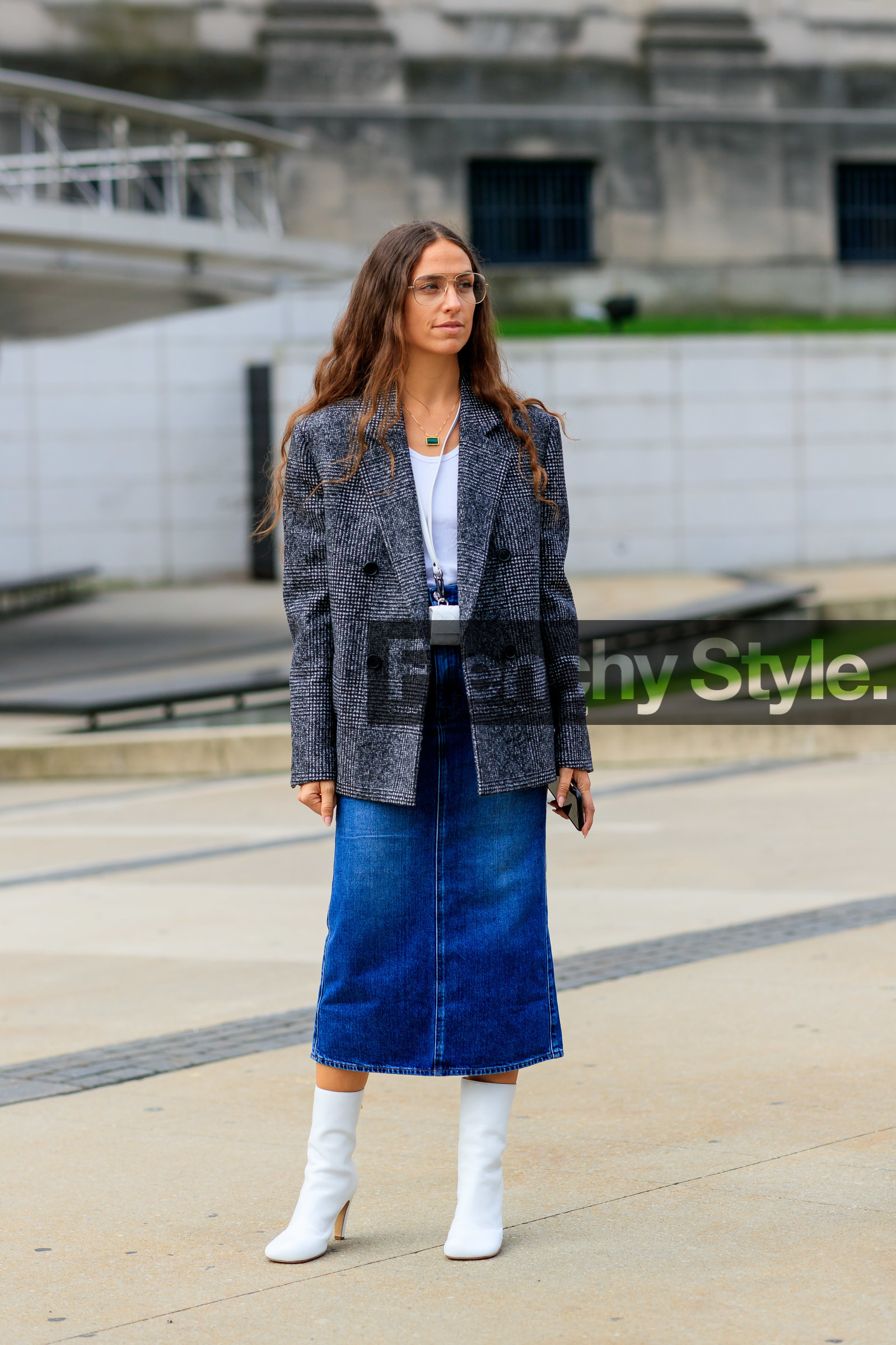 blazer, denim skirt, erika boldrin, grey jacket, high heels, leather bag, leather shoes, mini bag, white bag, white shoes, white t shirt, street style, jonathan paciullo, FW, frenchystyle, fashion week, NEW YORK, NYFW, SPRING SUMMER 2020, SS 20, vertical, full length