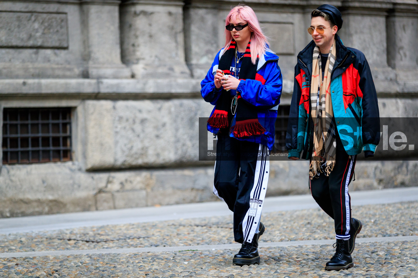 adidas, beige scarf, black hat, black jacket, black pants, black scarf, black shoes, blue jacket, checked, dyed hair, graphic jacket, leather shoes, pink hair, plaid, printed jacket, printed scarf, sunglasses, sweatpants, tartan, trousers, turquoise, fashion week, frenchystyle, FW, jonathan paciullo, street style, MFW, MILAN, AUTUMN WINTER 2018-2019, FALL WINTER 2018-2019, FW 18-19, horizontal, atmosphere details, full length