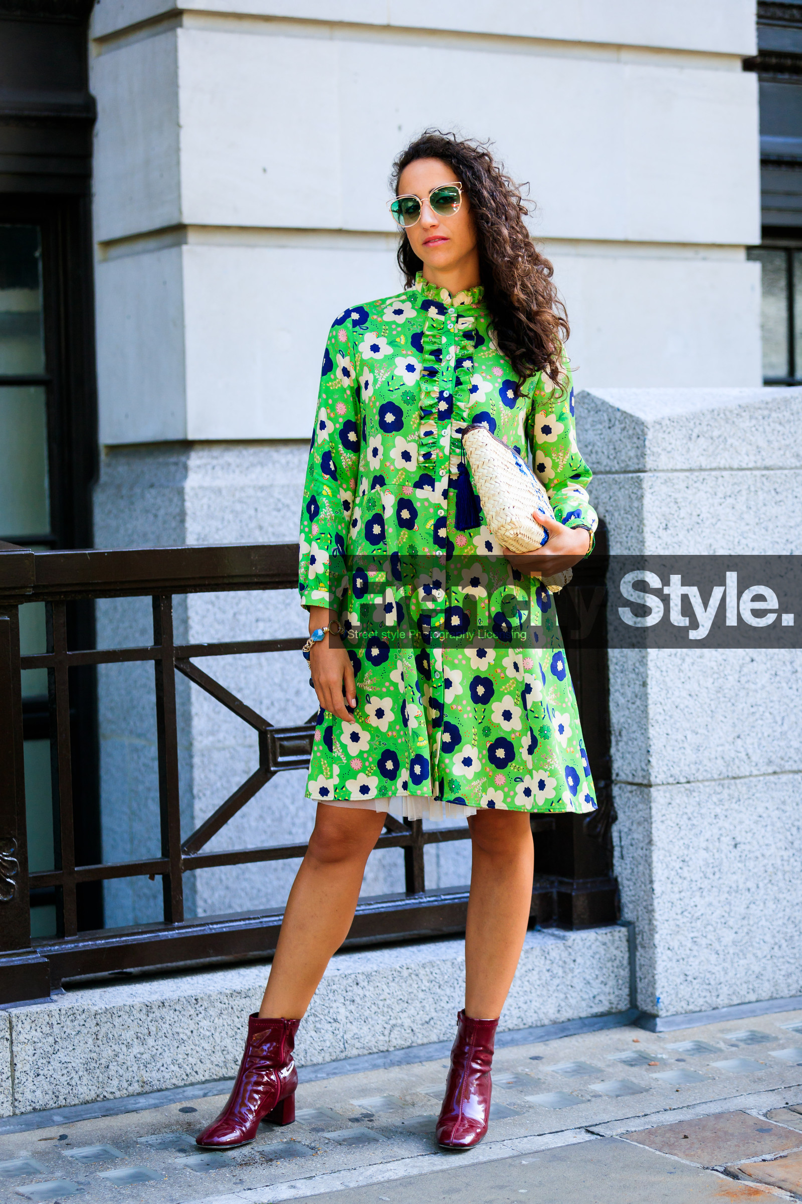 bordeaux, burgundy, floral, flowers, graphic dress, green dress, high heels, leather bag, leather shoes, printed dress, red boots, straw bag, sunglasses, fashion week, frenchystyle, FW, jonathan paciullo, street style, LFW, LONDON, SPRING SUMMER 2019, SS 19, vertical, full length