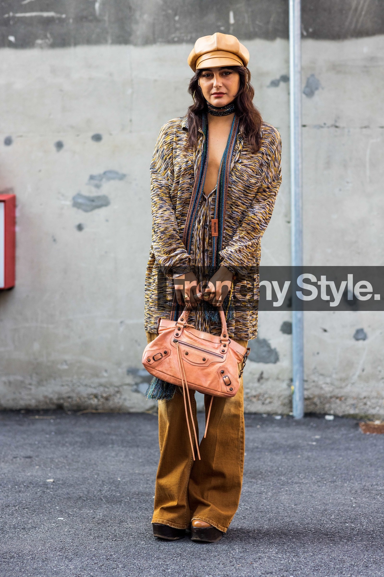 balenciaga bag, camel cap, camel pants, cap, color, colored scarf, fringes, leather bag, leather cap, lurex, Maria Bernad, missoni look, orange bag, printed shirt, scarf, striped scarf, striped shirt, stripes, yellow shirt, fashion week, frenchystyle, FW, jonathan paciullo, street style, SPRING SUMMER 2022, SS 22, MFW, MILAN, vertical, full length