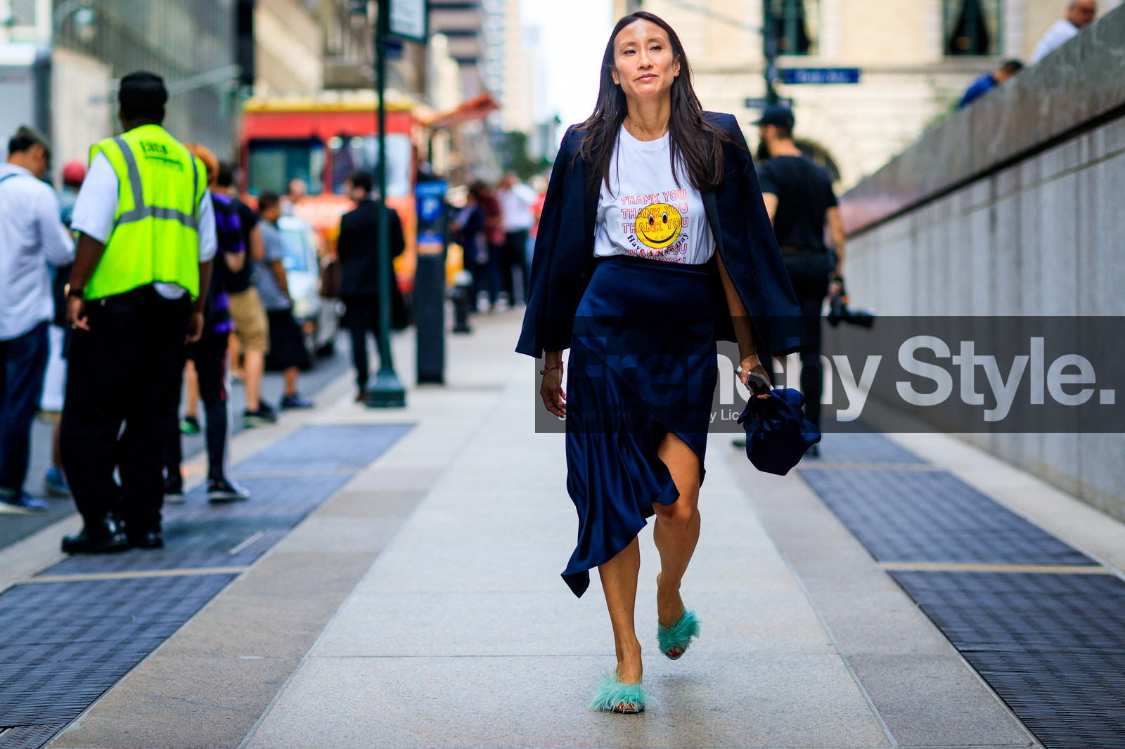 atmosphere details, black jacket, blazer, blue bag, blue shoes, blue skirt, fashion week, frenchystyle, full length, fur shoes, FW, horizontal, jonathan paciullo, leather bag, leather shoes, NEW YORK, NYFW, over the shoulder, printed t shirt, SPRING SUMMER 2018, SS 18, street style, turquoise, velvet, white t shirt