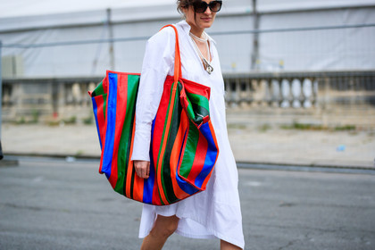 atmosphere details, balenciaga, detail, fashion week, frenchystyle, FW, geometric, graphic bag, horizontal, jonathan paciullo, leather bag, PARIS, PFW, red bag, shirt dress, SPRING SUMMER 2017, SS 17, street style, striped bag, stripes, sunglasses, white dress, white shirt