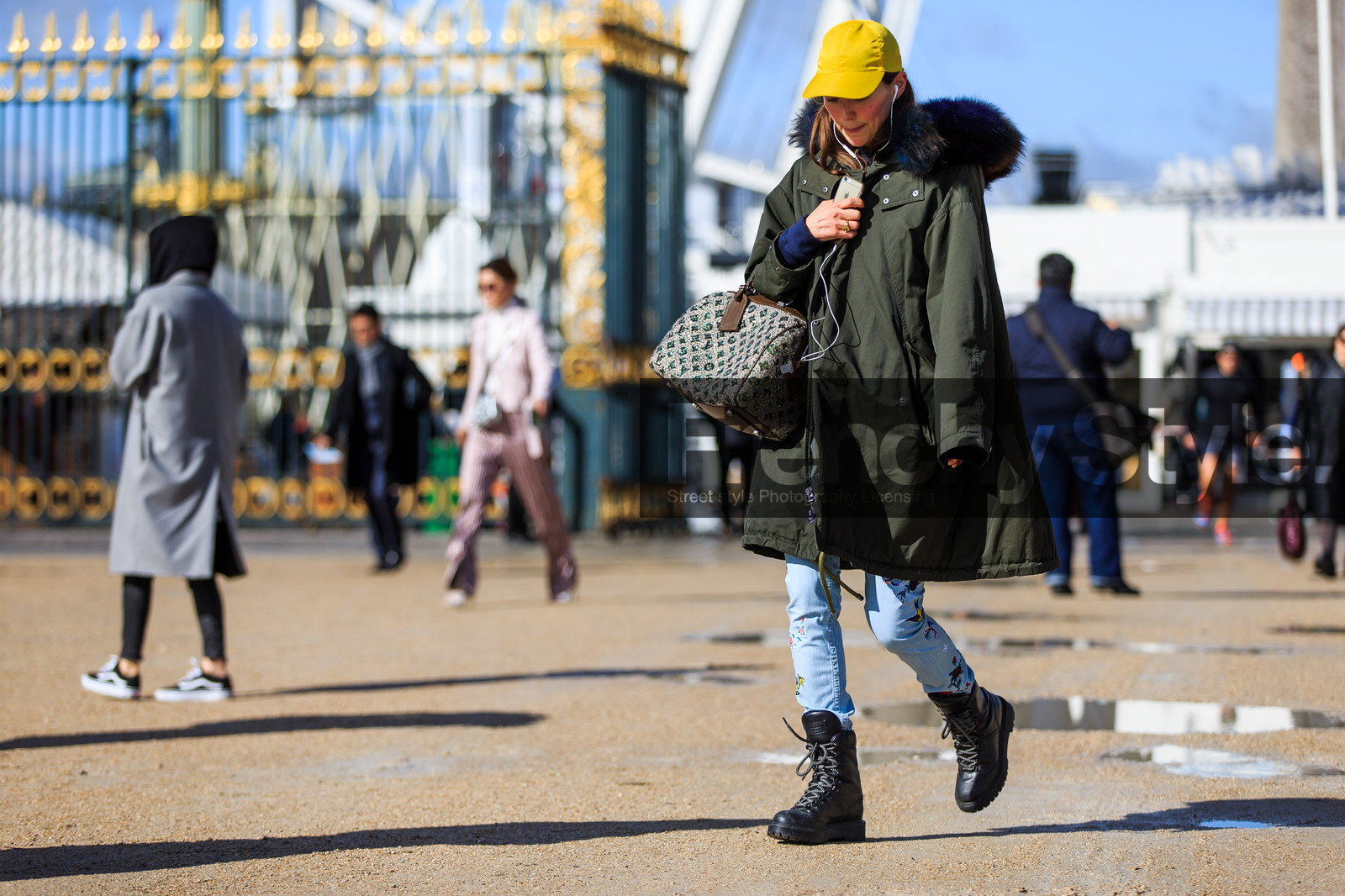 atmosphere details, AUTUMN WINTER 2016-2017, AW 16-17, beige bag, black boots, blue denim, denim pants, FALL WINTER 2016-2017, fashion week, frenchystyle, full length, FW, FW 16-17, green coat, horizontal, jeans, jonathan paciullo, kaki coat, leather boots, louis vuitton, monogram, PARIS, parka, PFW, printed bag, ranger boots, street style, trousers, ursina gysi, yellow hat