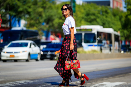 atmosphere details, black skirt, earrings, embroidered bag, fashion week, floral, flowers, frenchystyle, full length, FW, graphic bag, gucci, high heels, horizontal, jonathan paciullo, leather bag, leather shoes, NEW YORK, NYFW, printed bag, printed skirt, red bag, red shoes, SPRING SUMMER 2018, SS 18, street style, sunglasses, white t shirt