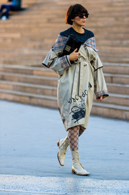 beige boots, beige coat, black bag, black t shirt, burberry, checked, givenchy, graphic jacket, gucci, leather bag, leather shoes, monogram, off the shoulder, plaid, printed jacket, sunglasses, tartan, tights, white shoes, PARIS, PFW, street style, jonathan paciullo, FW, frenchystyle, fashion week, AUTUMN WINTER 2019-2020, AW 19-20, FALL WINTER 2019-2020, FW 19-20, vertical, full length