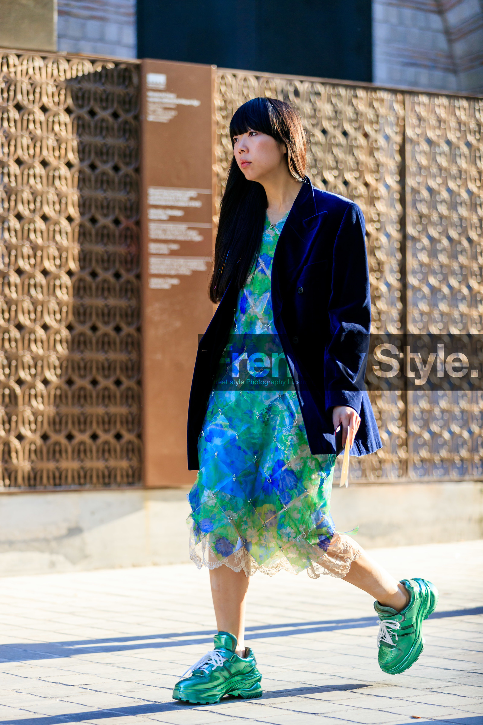 blazer, embroideries, glitter, graphic dress, green dress, green sneakers, leather shoes, navy jacket, printed dress, sequined dress, shiny dress, susie lau, velvet, PARIS, PFW, street style, jonathan paciullo, FW, frenchystyle, fashion week, AUTUMN WINTER 2019-2020, AW 19-20, FALL WINTER 2019-2020, FW 19-20, vertical, full length