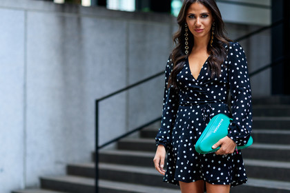 atmosphere details, balenciaga, black dress, detail, earrings, fashion week, frenchystyle, FW, graphic bag, graphic dress, green bag, horizontal, jonathan paciullo, leather bag, NEW YORK, NYFW, polka dot, printed dress, SPRING SUMMER 2018, SS 18, street style