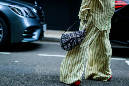 black bag, christian dior, graphic bag, graphic pants, graphic shirt, green pants, green shirt, leather bag, monogram, pajamas, printed bag, printed pants, printed shirt, saddle bag, striped pants, striped shirt, trousers, fashion week, frenchystyle, FW, jonathan paciullo, street style, LFW, LONDON, SPRING SUMMER 2019, SS 19, atmosphere details, horizontal, detail