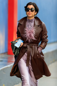 chanel earrings, dangling earrings, pearl earrings, feather details, lilac skirt, lilac top, brown leather coat, brown leather jacket, belted coat, belted jacket, animal print top, high collar top, silk skirt, long skirt, fashion week, frenchystyle, FW, jonathan paciullo, street style, AUTUMN WINTER 2020-2021, FALL WINTER 2020-2021, FW 20-21, vertical, atmosphere details, detail, NYFW, NEW YORK