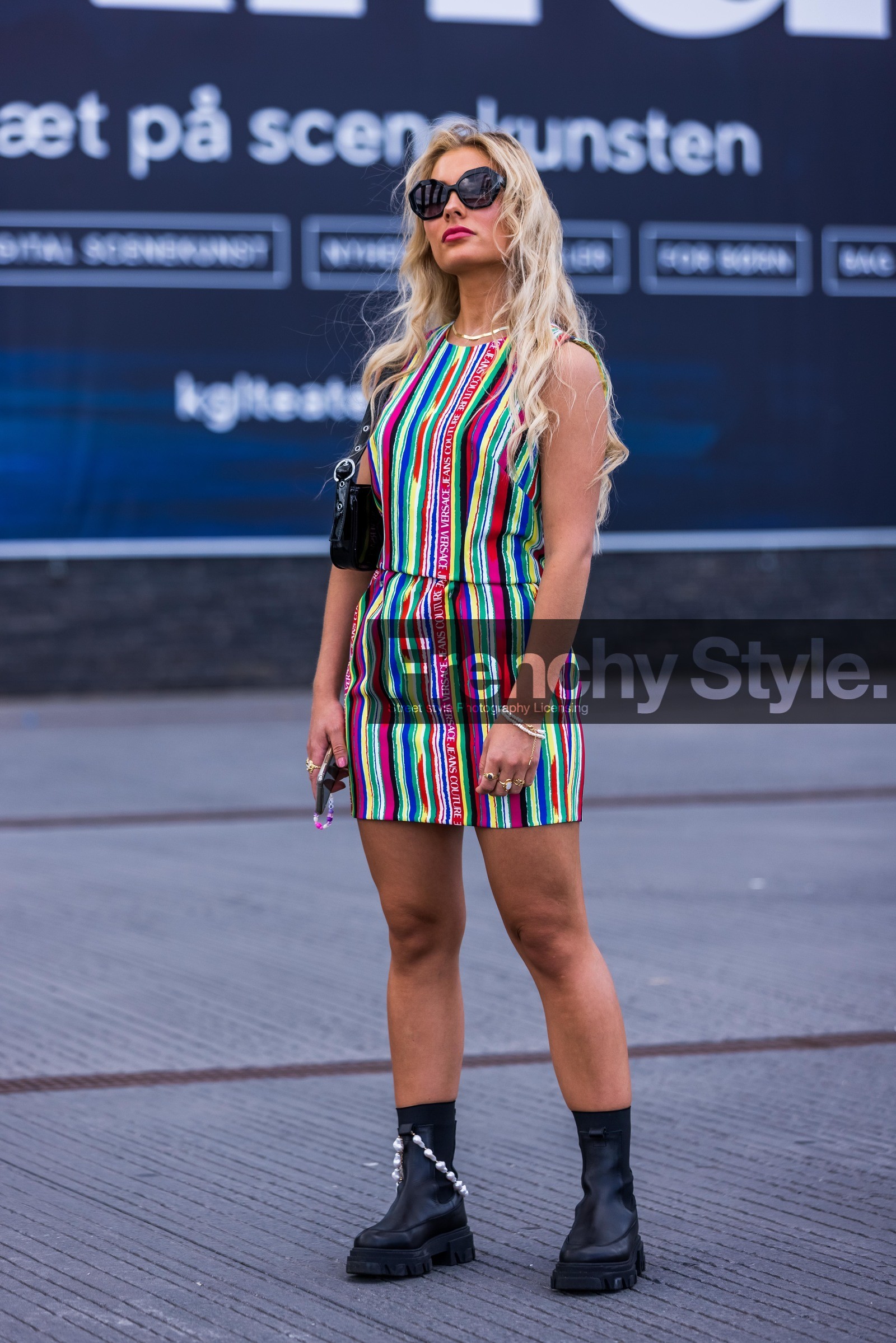 bag, black bag, black boots, boots, color, colored dress, dress, leather bag, leather boots, multicolor, multicolored dress, pearl, ring, striped dress, stripes, sunglasses, versace dress, Maria Wos, fashion week, frenchystyle, FW, jonathan paciullo, street style, SPRING SUMMER 2022, SS 22, COPENHAGEN, CPHFW, vertical, full length