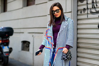 atmosphere details, AUTUMN WINTER 2017-2018, AW 17-18, black bag, blue denim, denim pants, detail, embroidered coat, FALL WINTER 2017-2018, fashion week, frenchystyle, FW, FW 17-18, graphic bag, graphic coat, horizontal, jeans, jonathan paciullo, leather bag, louis vuitton, MFW, MILAN, printed bag, printed coat, purple sweater, street style, striped bag, sunglasses, trousers, tweed coat