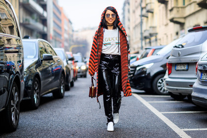atmosphere details, AUTUMN WINTER 2017-2018, AW 17-18, black pants, dries van noten, FALL WINTER 2017-2018, fashion week, frenchystyle, full length, FW, FW 17-18, geometric, graphic coat, gucci, high heels, hood, horizontal, jonathan paciullo, leather bag, leather pants, leather shoes, MFW, MILAN, orange coat, printed coat, printed t shirt, red bag, stir pants, street style, sunglasses, trousers, varnished leather, vinyl, white boots, white t shirt