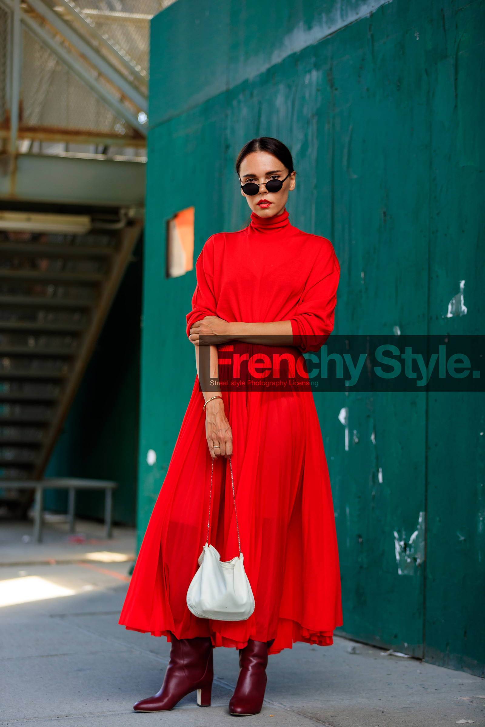 bordeaux, burgundy, evangelie smyrniotaki, fashion week, frenchystyle, full length, FW, high heels, jonathan paciullo, leather bag, leather shoes, NEW YORK, NYFW, red boots, red dress, SPRING SUMMER 2018, SS 18, street style, sunglasses, vertical, white bag