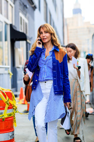 atmosphere details, blue denim, blue shirt, brown bag, céline, denim jacket, denim pants, detail, ece sukan, fashion week, frenchystyle, FW, jeans, jonathan paciullo, leather bag, NEW YORK, NYFW, printed jacket, printed shirt, SPRING SUMMER 2018, SS 18, street style, striped shirt, trousers, vertical, white denim