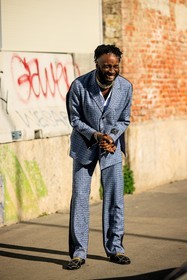 plaid suit, marni mocassins, black mocassins, blue suit, golden pearls necklace, white shirt, bracelet, dreadlocks, fashion week, frenchystyle, FW, jonathan paciullo, street style, vertical, full length