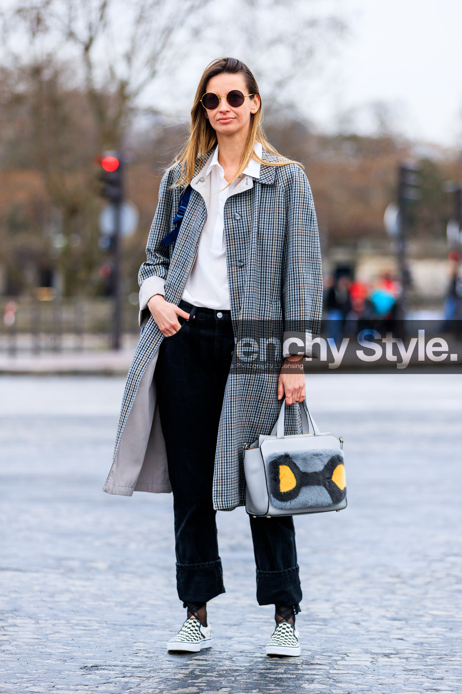 AUTUMN WINTER 2017-2018, AW 17-18, black and white shoes, black denim, checked jacket, Clara Racz, denim pants, FALL WINTER 2017-2018, fashion week, frenchystyle, full length, fur bag, FW, FW 17-18, gingham, graphic bag, grey bag, grey coat, jeans, jonathan paciullo, leather bag, leather shoes, PARIS, PFW, plaid, street style, sunglasses, trousers, vans, vertical, white shirt