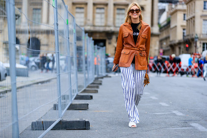atmosphere details, camel bag, camel jacket, camille charriere, fashion week, frenchystyle, full length, FW, horizontal, jonathan paciullo, leather bag, leather jacket, leather shoes, PARIS, PFW, printed pants, SPRING SUMMER 2017, SS 17, street style, striped pants, sunglasses, trousers, white pants, white shoes