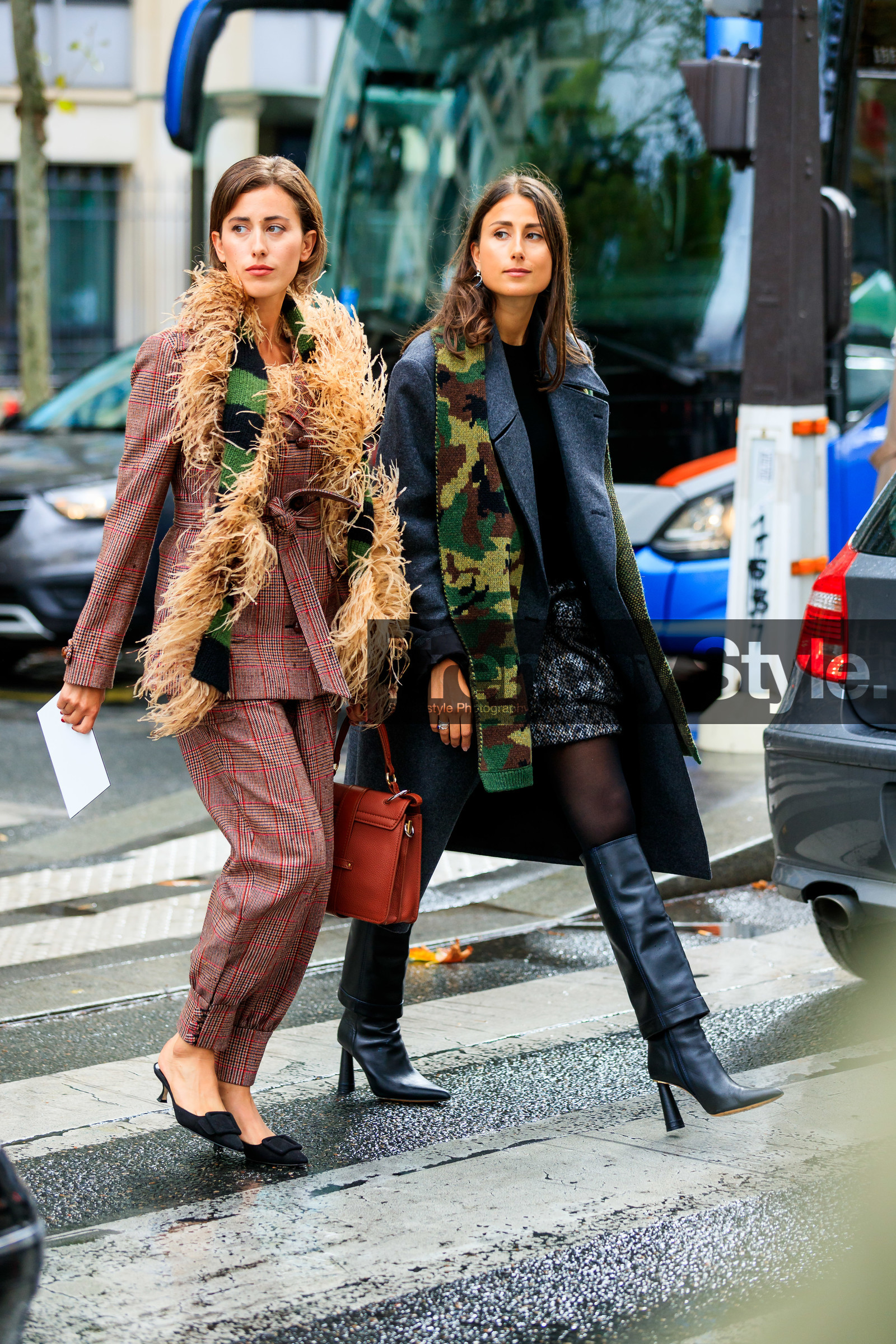 sylvia haghjoo, julia haghjoo, red jacket, red pants, red suits, checked jacket, checked pants, checked suits, feather scarf, beige scarf, striped scarf, green scarf, black scarf, belted jacket, chloe bag, brown leather bag, hand bag, miu miu shoes, miu miu scarf, black suede slippers, kitten heels slippers, big buckle shoes, dark grey coat, military printed scarf, black leather boots, high boots, high heels boots, PARIS, PFW, SPRING SUMMER 2020, SS 20, fashion week, frenchystyle, FW, jonathan paciullo, street style, vertical, full length