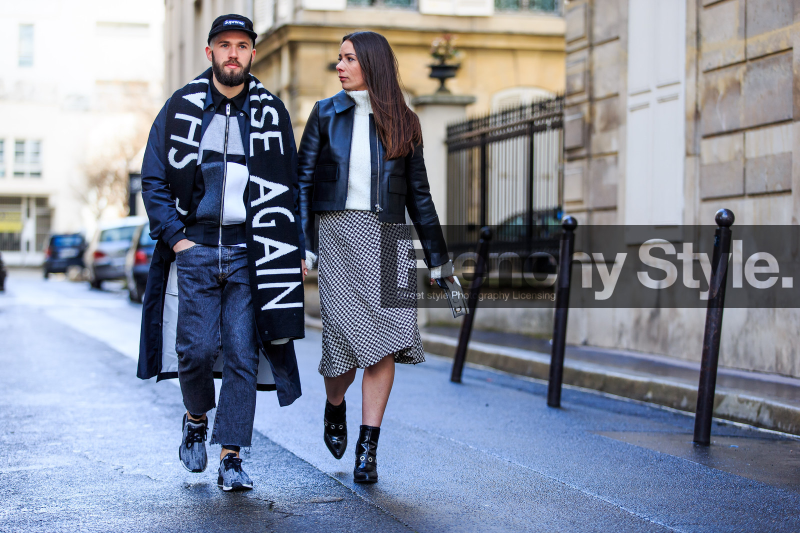 atmosphere details, AUTUMN WINTER 2016-2017, AW 16-17, black boots, black cap, black coat, black jacket, black scarf, denim pants, FALL WINTER 2016-2017, fashion week, frenchystyle, full length, FW, FW 16-17, graphic sweater, grey denim, horizontal, houndstooth pattern, jeans, jonathan paciullo, leather bag, leather boots, leather jacket, overcoat, PARIS, patchwork, PFW, printed jacket, printed scarf, printed skirt, printed sweater, street style, supreme, trousers, turtleneck sweater, white bag, white sweater, zip