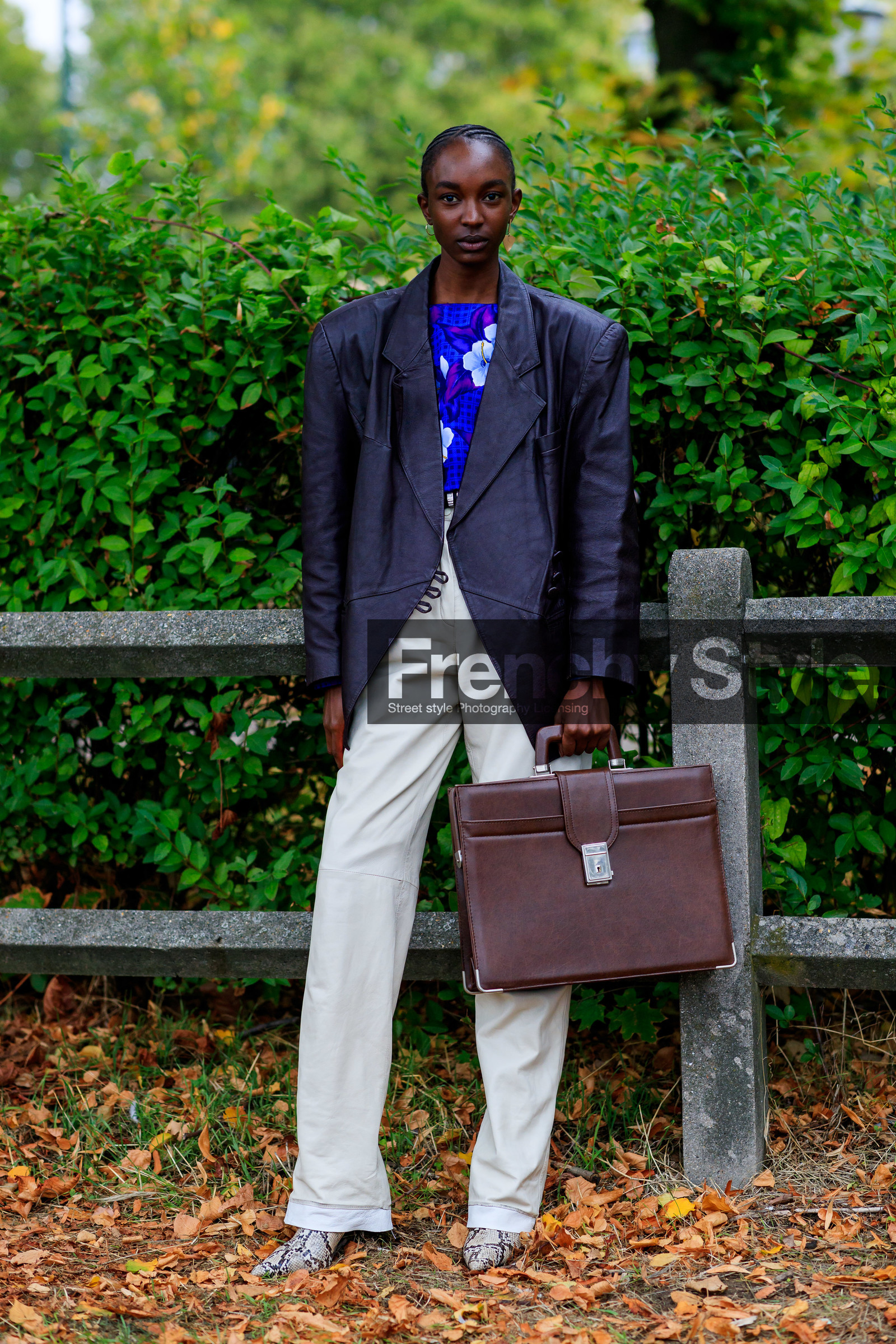 model, black leather jacket, white leather pants, oversize jacket, blue blouse, floral printed blouse, golden earrings, dangling earrings, brown leather bag, box bag, hand bag, animal skin boots, fashion week, frenchystyle, FW, jonathan paciullo, street style, SPRING SUMMER 2020, SS 20, PFW, PARIS, vertical, full length