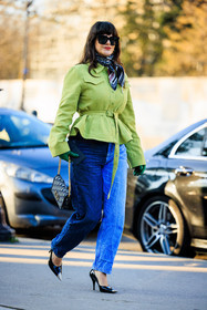 black sunglasses, printed scarf, green jacket, belted jacket, dual toned jeans, dior handbag, logo bag, monogram bag, black stilletos, black heels, fashion week, frenchystyle, FW, jonathan paciullo, street style, PARIS, PFW, SPRING SUMMER 2022, SS 22, full length, vertical