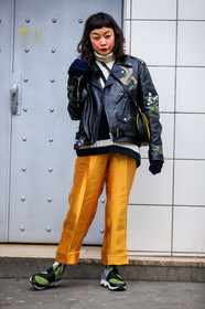 black jacket, black perfecto, embroideries, floral, flowers, graphic jacket, green sneakers, leather bag, leather jacket, leather perfecto, leather shoes, loewe, orange pants, printed jacket, trousers, fashion week, frenchystyle, FW, jonathan paciullo, street style, PFW, PARIS, AUTUMN WINTER 2018-2019, FALL WINTER 2018-2019, FW 18-19, vertical, full length