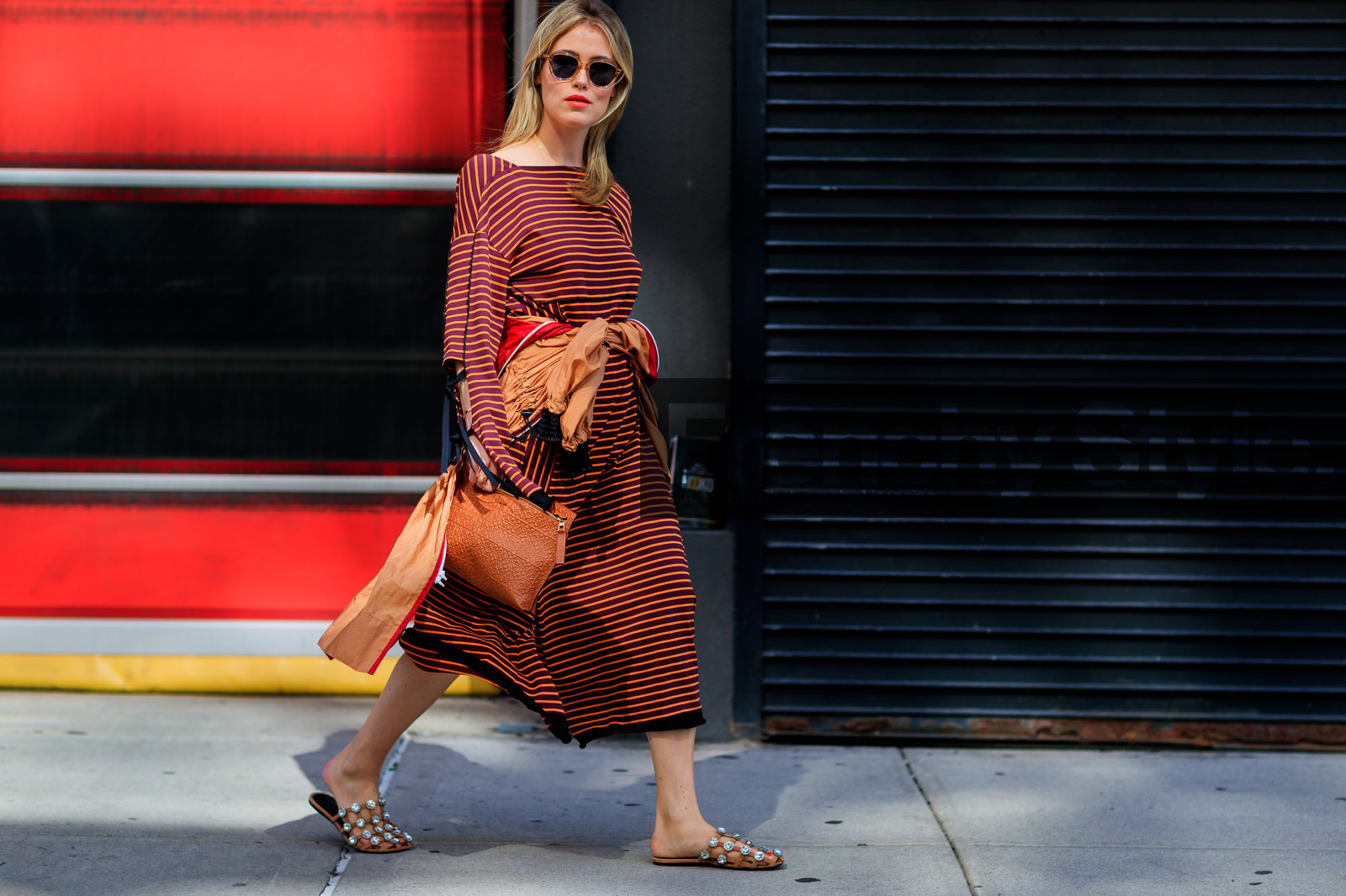 Annabel Rosendahl, atmosphere details, brown dress, fashion week, frenchystyle, full length, FW, graphic dress, horizontal, jonathan paciullo, NEW YORK, NYFW, orange jacket, printed dress, SPRING SUMMER 2018, SS 18, street style, striped dress, sunglasses