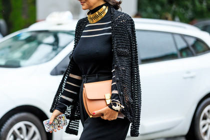 annelise michelson, atmosphere details, AUTUMN WINTER 2016-2017, AW 16-17, beige bag, black cardigan, black pants, black sweater, camel bag, detail, FALL WINTER 2016-2017, fashion week, frenchystyle, FW, FW 16-17, golden details, golden jewelry, horizontal, jonathan paciullo, leather bag, LFW, LONDON, MENSWEAR, nausheen shah, necklace, printed sweater, street style, striped sweater, trousers