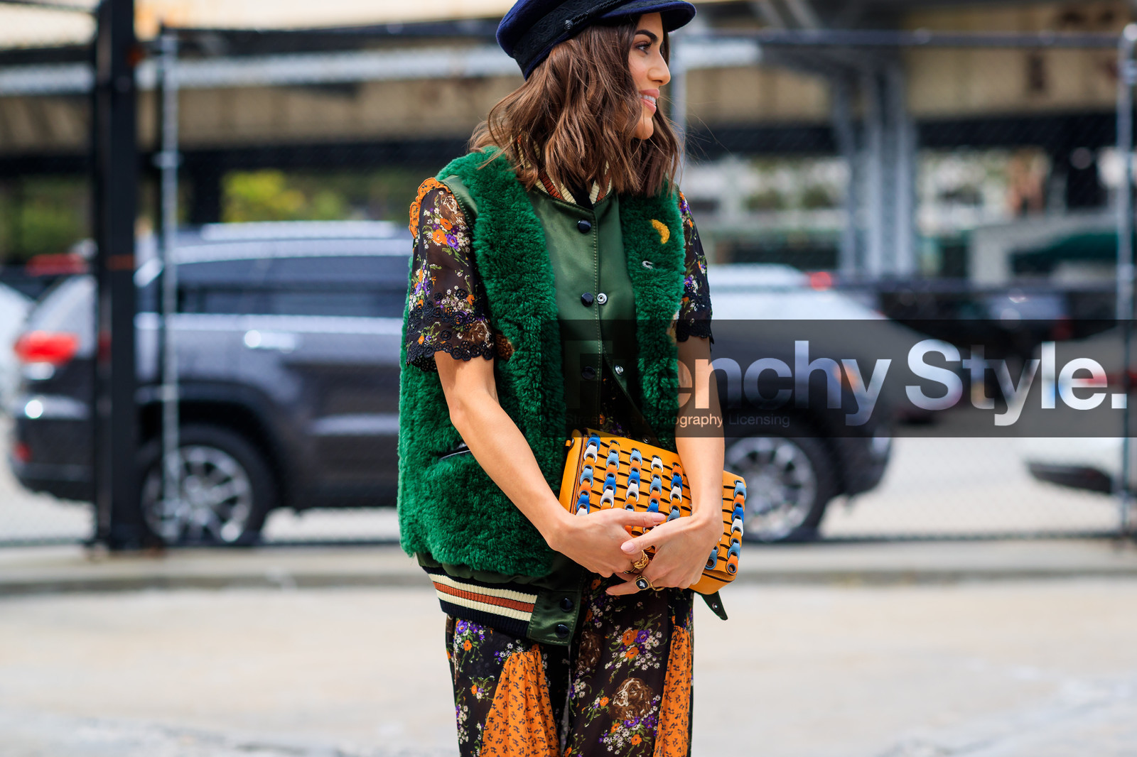 atmosphere details, black cap, bomber jacket, camila coelho, detail, fashion week, frenchystyle, FW, graphic dress, green fur, green jacket, horizontal, jonathan paciullo, leather bag, multicolor bag, NEW YORK, NYFW, orange bag, orange dress, printed bag, printed dress, sleeveless, SPRING SUMMER 2018, SS 18, street style