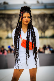 long braids, white short, white cardigan, crossbody bag, dior bag, dior, orange bag, multiple earrings, fashion week, frenchystyle, FW, jonathan paciullo, street style, AUTUMN WINTER 2022-2023, FALL WINTER 2022_2023, FW 22-23, PFW, PARIS, vertical, detail