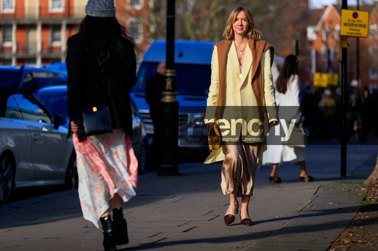beige skirt, blazer, brown shoes, camel sweater, high heels, leather bag, leather shoes, lisa aiken, necklace, over the shoulder, oversize, yellow bag, yellow jacket, LONDON, LFW, fashion week, frenchystyle, FW, jonathan paciullo, street style, AUTUMN WINTER 2019-2020, AW 19-20, FW 19-20, FALL WINTER 2019-2020, horizontal, atmosphere details, full length